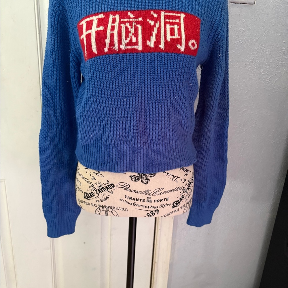 Blue Sweater with Red and White Design